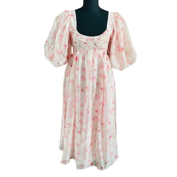 NWT Worth Collective Harlow Smocked Maxi Dress Puff Sleeve Pink Floral Chiffon S - Picture 2 of 12